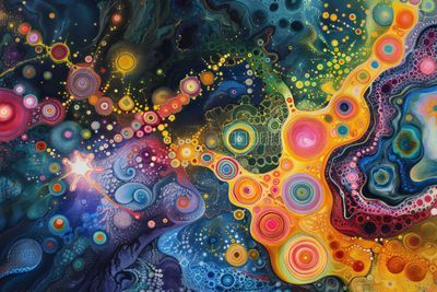 Abstrakte Galaxie aus Opalfarben und organischen Formen